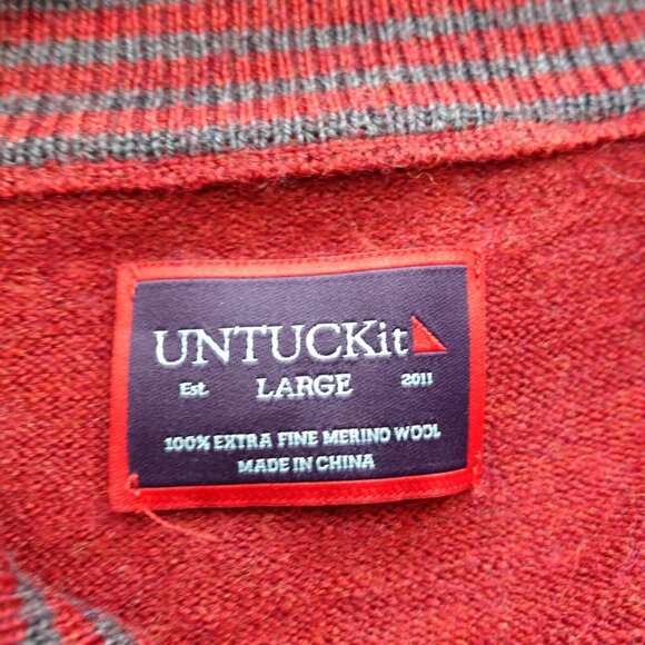 UNTUCKit Sweater Mens Large Red Wool Knit Quarter Zip Pullover Merino Jumper - Picture 2 of 9